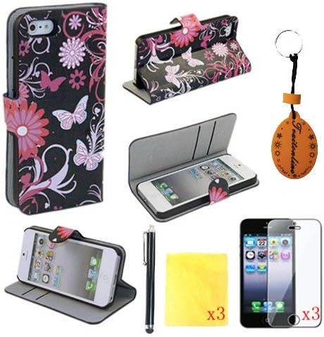 (TRAIT)8IN1 Black Back Butterfly PU Leather Wallet Cases Protective Skin for iphone 5 for iphone 5s Flip Folio Case Stand Holder+touch Screen Pen +3* Screen Protector +3* Cleaning Cloth