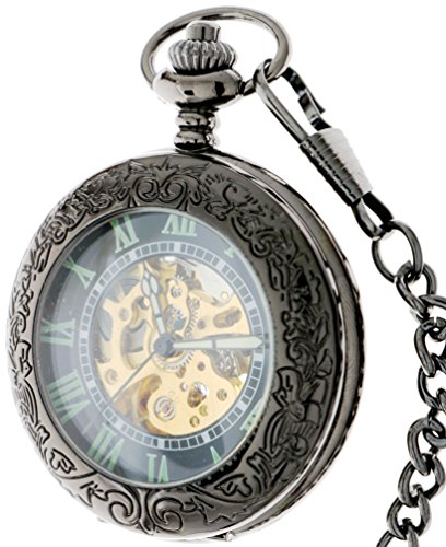 Steampunk Pocket Watch Pendant Roman Number Half Hunter Antiqued Silver Black Mechanical Pocket Watch