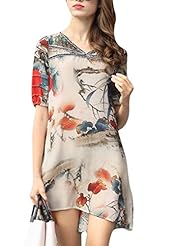 V-neck Floral Print Vintage Elbow Length Sleeves Silk Skater Dress 