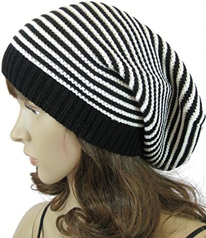 Women Men Slouchy Baggy Beanie Knit Crochet Oversized Skull Ski Hat Cap (Black &amp; White Stripe)