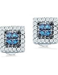 14k White Gold Princess and Round Cut Channel Set Blue and White Diamond Stud Earrings (1/3 cttw)