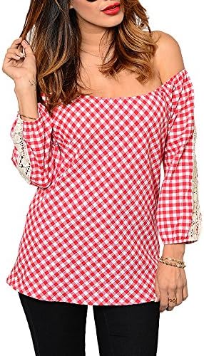 DHStyles Women's Trendy Off Shoulder Sheer Checkered Crocheted Top-Large - Red,White