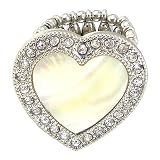 Ring - R80 - Stretch - Heart - Ring Size 7-1/2 - Will Stretch Even Bigger ~ Silver Tone Metal with Clear Crystals and Mother of Pearl Inlay