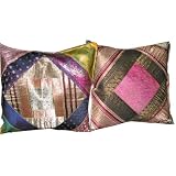 Gift Idea-2 Deep Sandstrum Hot Pink Blue Sari Zari Borders Toss Pillow Cushion Coversby Mogulinterior
