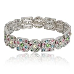Silver Multi Color Crystal Circle Square Stretch Bangle Bracelet Fashion Jewelry