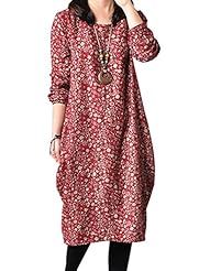 Long Sleeves Floral Print Vintage Cotton/Linen Midi Dress 