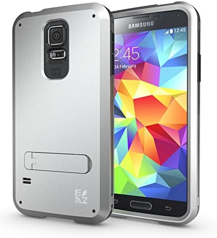 ECOZ [SHIELDX] Protective Tough 3 Layers Armor Rugged Case Cover with Build-In Stand for Samsung Galaxy S5 (Silver)