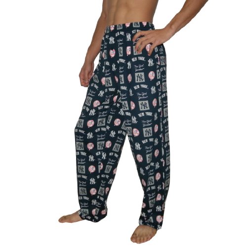 Mens MLB New York Yankees Cotton Thermal Sleepwear / Pajama Pants - Dark Blue & Grey (Size: L)