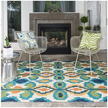 Casual Contemporary Patterned Southwestern Geometric Rectangle Indoor and Outdoor Hand-hooked Ivory Blue Polyester Rug