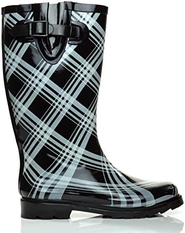 Essential Apparel Women's Plaid Mid-Calf Waterproof Rain Boots, Black/White Plaid, 8