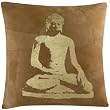 Beige Patched Leather Pillow with Metallic Buddha Print