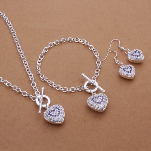 Women Fashion Jewelry Brass Base Silver Plated Cubic Zirconia Love Heart Charm Chain Necklace, Bracelet, Dangle Earrings Jewelry Sets