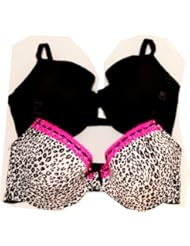 Apparel: Love Affair Breezy Set of 2 Animal and Solid Lace Trim Molded Bras (38D, 1 Solid Black 1 White Leopard/Pink)