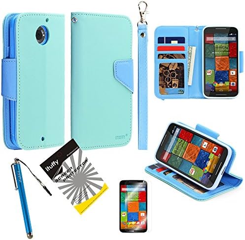 3 items Combo: ITUFFY (TM) LCD Screen Protector Film + Stylus Pen + MultiFunction 2-Tone Portfolio Leather Wallet with Inner Soft TPU Rubber Skin &amp; ID Card Slots with Lanyard and Magnetic closure for 2014 Release Motorola (Moto X 2nd Gen.) / Moto X2 2nd Generation / Moto X+1 (5.2" Screen Size) (Mint Green - Light Blue)