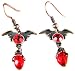Pewter Bat Wing Dangle Earrings Red Stones