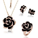 Dazzle Flash 18k rose gold plated black flower necklace,earring,ring jewelry set -JGG012
