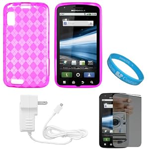 Pink Argyle Premium Thermoplastic Polyurethane Protective TPU Silicone Skin Cover Case for AT&T New Motorola Atrix 4G Dual Core Android Smart Phone MB860 (Olympus/Atrix 4G) + Mirror Screen Protector + White Rapid Travel Wall Charger with IC Chip + SumacLife TM Wisdom Courage Wristband