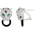14K White Gold Onyx, Emerald and Diamond Leopard Earrings - 0.87 Ct.