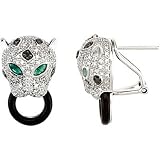 14K White Gold Onyx, Emerald and Diamond Leopard Earrings - 0.87 Ct.