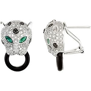 14K White Gold Onyx, Emerald and Diamond Leopard Earrings