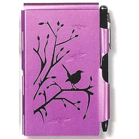 Wellspring Flip Notes Metal Note Case with Mini Pen and Notepad, Purple with Bird by Wellspring