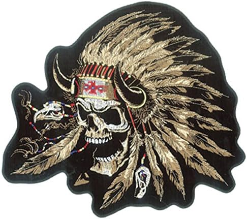 Skeleton Skull Head Feather War Bonnett W Horns Novelty Embroidered Biker Jacket Patch - Iron on Backing
