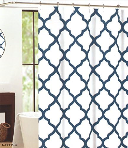 Home Cotton Shower Curtain Moroccan Tile Quatrefoil Blue Silver and White Lattice 70X72inch