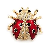 Black/Red Enamel Crystal Lady Bug Brooch In Gold Plated Metal - 2cm Length
