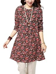 Plus Size Long Sleeves Floral Print Lace Spring Summer Round Neck  Shirt  Dress