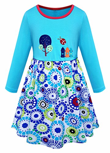 Kids Girls Cartoon Printed Pure Cotton Casual Long Sleeve Floral Dress