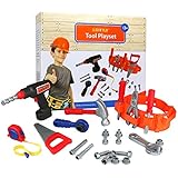 Click n' Play 23 piece Kids Pretend Play Real Working Toy Tool Set Includes Powered Drill, Hammer, Saw, Tape Measure, Tool Belt and other Construction Accessories