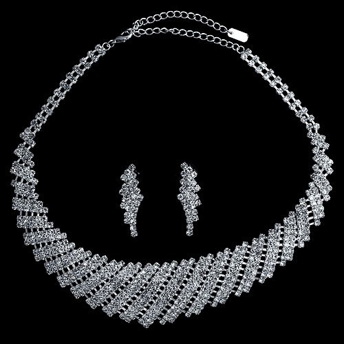 Silver Tone Rhinestone Crystal Bridal Necklace Earrings 2-pcs Set