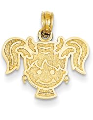 14K Yellow Gold Girl Face with Pony Tails Charm Pendant