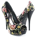 Nicole-8 Black Multi Floral Peep Toe Platform Pump