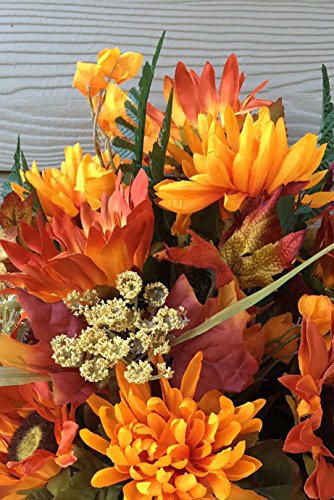 Fall Cemetery Flowers~Fall foliage with wheat~headstone saddle arrangement~cemetery flower service~grave site decor~sympathy flowers~flowers for graves