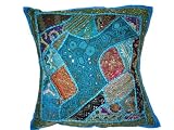 Deep Sky Blue Ethnic Indian Sari Beaded Decorative Floor Pillow Cover 24 Inches FREE SHIPP