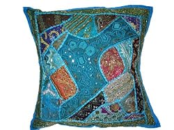 Deep Sky Blue Ethnic Indian Sari Beaded Decorative Floor Pillow Cushion Cover 24"