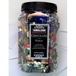 KIRKLAND Signature PREMIUM CHOCOLATES of the WORLD ASSORTMENT JAR NET WT 2 Lb (907 g) (From Italy Germany, Spain, Switzerland, Canada and Belgium)