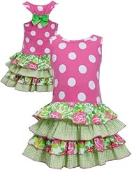 Girls Summer Sleeveless Floral Print Dots Print Knit   Tiered  Dress With a Bow(s) and Ruffles