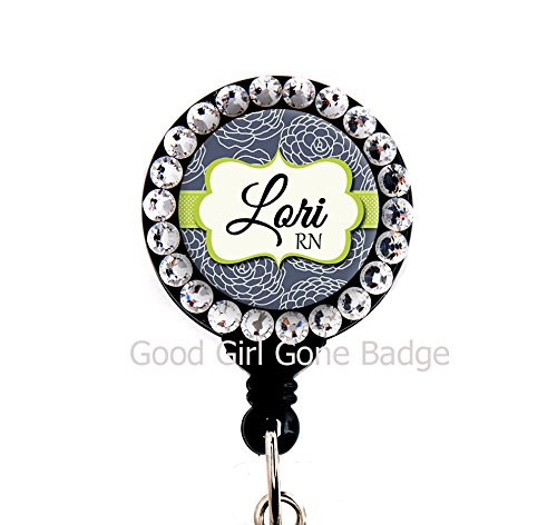 Retractable Badge Reel - Navy Blue Mum with Swarovski Rhinestones - Personalized Name - Badge Holder
