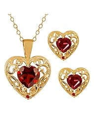 2.03 Ct Heart Shape Red Garnet Gemstone 18k Yellow Gold Pendant Earrings Set
