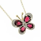 Sterling Silver Vermeil Genuine Garnet and Diamond Butterfly Pendant Necklace