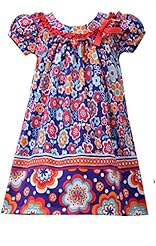 Girls Cotton/Spandex/Knit Floral Print   Cap Sleeves Round Neck  Dress With a Bow(s) and Ruffles