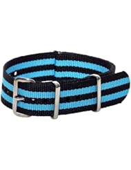 22mm Classic SS Nylon Striped Black / Sky Blue - Easily Interchangeable Replacement Military Watch Strap / Band - Fits All Watches!!!