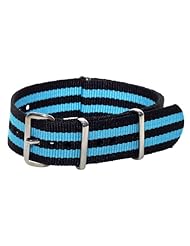 18mm Classic SS Nylon Striped Black / Sky Blue - Easily Interchangeable Replacement Military Watch Strap / Band - Fits All Watches!!!