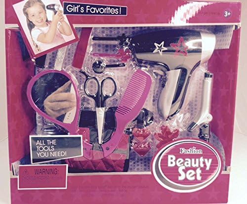 Children 15 Pcs Pretend Hairstylist Fashion Beauty Set w/ Hair Dryer, Comb, Mirror, Curling Iron, Tool Belt, Hair Clips