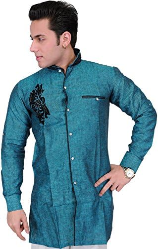 Exotic India Pacific-Blue Wedding Shirt with Embroidered Motif in Black - BlueGarment Size 42