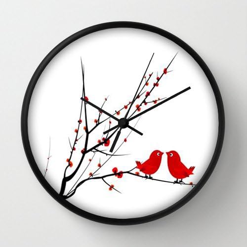 Maylook - 10 Inch Modern Decor Silent Wall Clock Black With Glass Cover,Kitchen/Living Wall Art Prints with Botanical Bird in the Branch Round Black Frame Clock