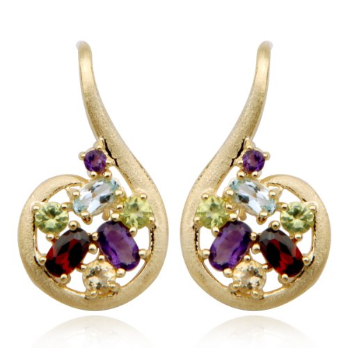 18k Yellow Gold Plated Sterling Silver Genuine Multi-Gemstone Cluster Earrings