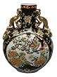 Oriental moon shaped gold filigree satsuma vase with birds and flowers, handpainted porcelain - 24"H, China